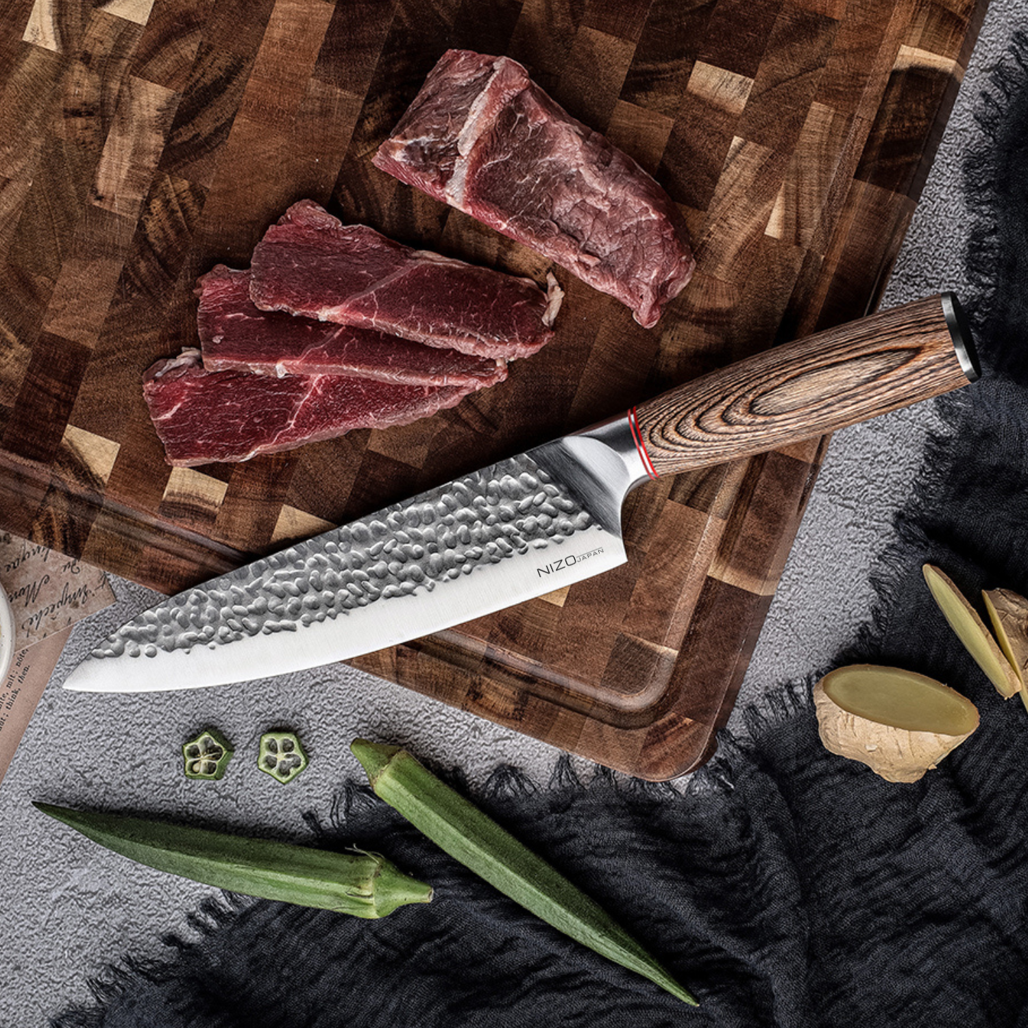 Nizo Japan Chef edition peilis su reljefiniais ašmenimis ir medžio rankena – aukštos kokybės įrankis virtuvei