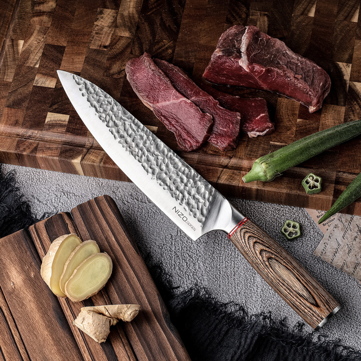 Nizo Japan Chef edition peilis su reljefiniais ašmenimis ir medžio rankena – aukštos kokybės įrankis virtuvei