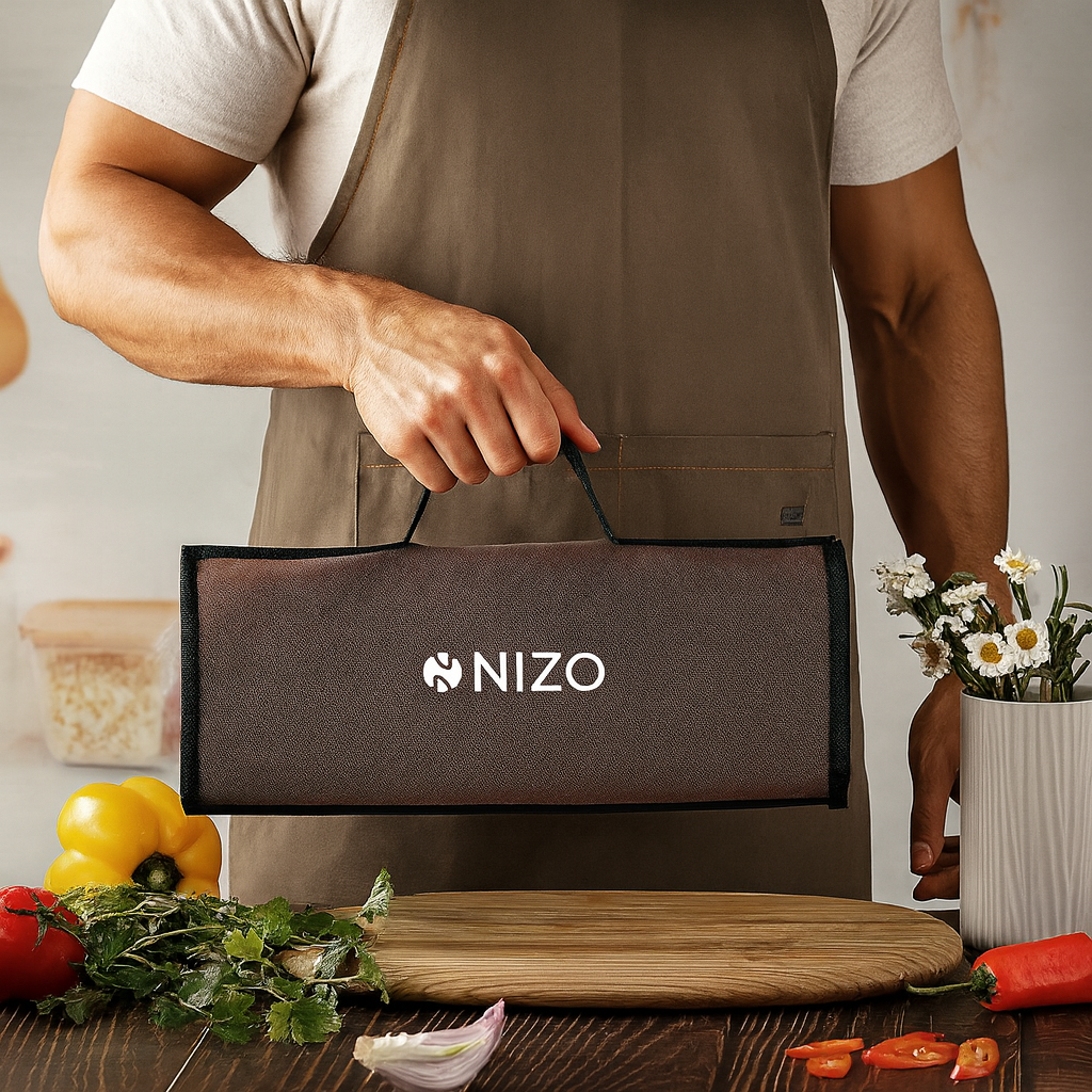 NIZO 6 dalių peilių rinkinys nešiojamame dėkle – profesionalus virtuvės įrankių komplektas gamybai ir griliui